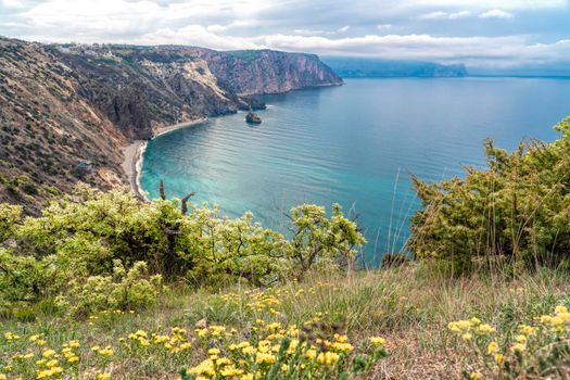 View of Cape Fiolent, Crimea, Sevastopol. Spring sunny day, flowering yellow bush. The concept of calm, silence and unity with nature