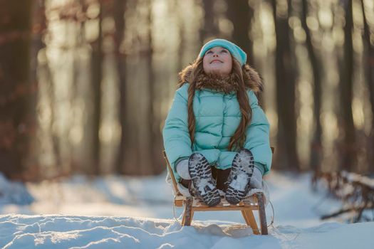 little girl sits in a sleigh against the backdrop of a snowy forest