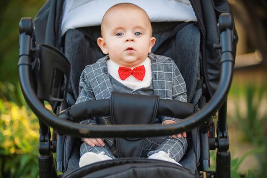 little boy sitting in a stroller for a walk