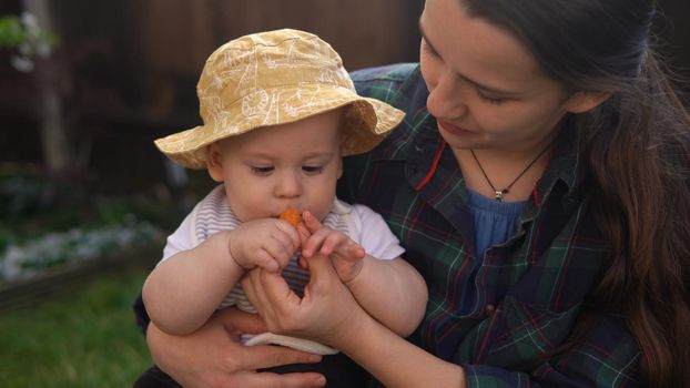 Happy Young Cheerful Mother Holding Baby Eating Fruits On Green Grass. Mom Adorable Infant Child Playing Outdoors With Love In Backyard Garden. Little Kid With Parents. Family, Nature, Ecology Concept.