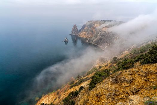 Dawn over the sea and mountains in the Primorsky Territory, Russia.