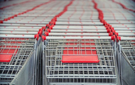 many shopping carts in the supermarket