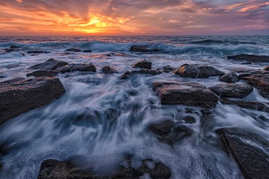 Seascape during sunrise. Beautiful natural seascape, blue hour. Sea sunrise at the Black Sea coast. 