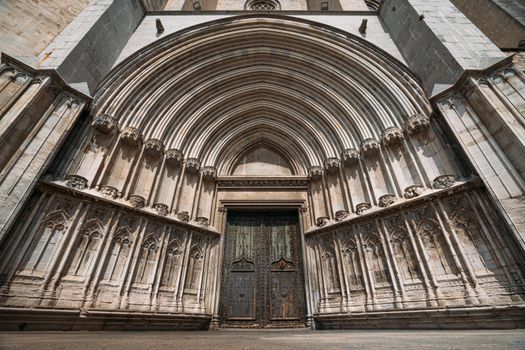 Wide angle view of Portal to Cathedral of Saint Mary of Girona, Catalonia, Spain. South Door to main religious building of the city