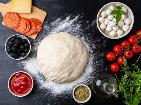 Raw dough for pizza with ingredients and spices on dark black background, top view, flat lay.