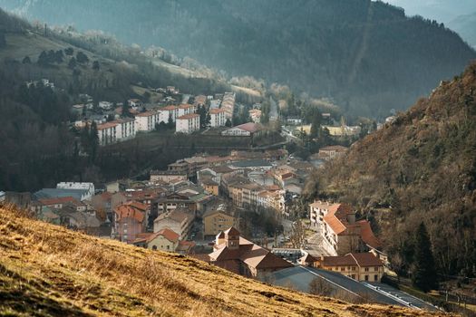 Beautiful and small town of Ribes de Freser in Catalonia, Spain. View of the village from above from the mountain.