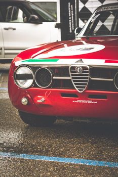 PESARO COLLE SAN BARTOLO , ITALY - OTT 10 - 2021 : ALFA ROMEO JUNIOR SCALINO on an old racing car in rally