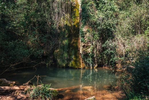 A lake with green water created by small waterfall in mountain slope with trees on an spring sunny day.