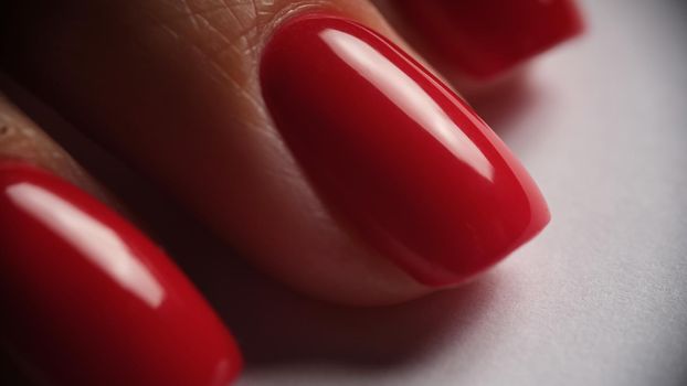 Red bright manicure on female hands closeup. Beauty industry concept