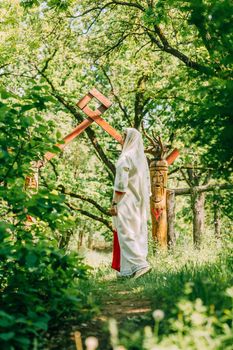 happy woman pagan priestess prepared for the ceremony. old faith in our time. seasons, summer