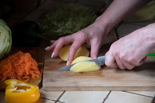 a woman cuts potatoes in the kitchen against the background of fresh vegetables, ingredients for step by step cooking soup. High quality photo