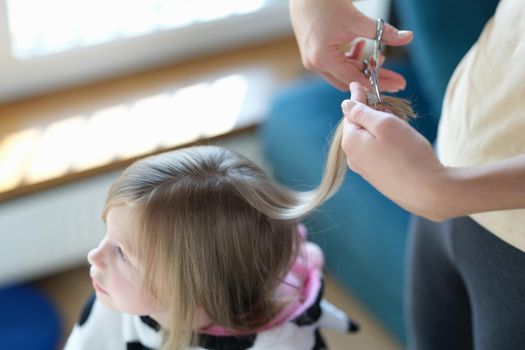 Top view of hairdresser making stylish hairstyle to cute little girl. Haircutter cuts and styles hair of small child. Fashion concept