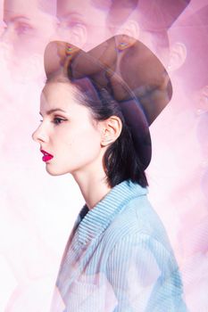 art portrait, woman with pink lipstick in black hat and corduroy jacket. High quality photo