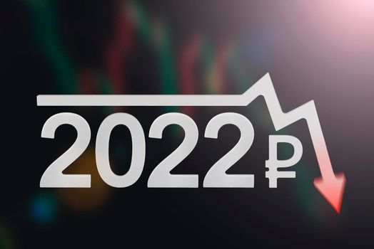 Sanctions and crisis 2022 in Russia. Company quarterly or annual reports. Economic downturn on the chart. Chart arrow pointing down against falling chart and ruble symbol.