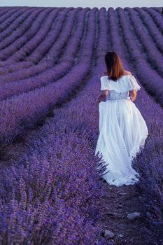 Among the lavender fields. A beautiful girl runs against the background of a large lavender field.