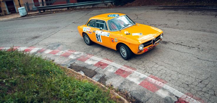 PESARO COLLE SAN BARTOLO , ITALY - OTT 10 - 2021 : ALFA ROMEO JUNIOR SCALINO on an old racing car in rally