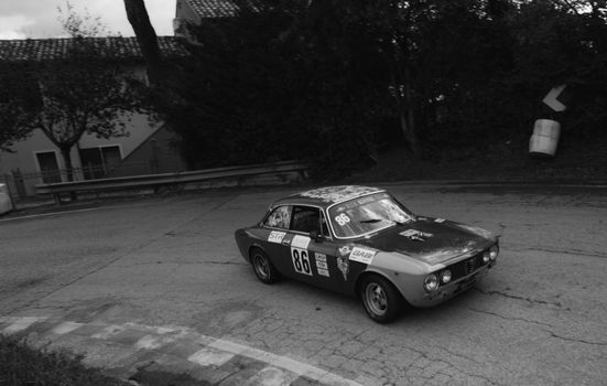 PESARO COLLE SAN BARTOLO , ITALY - OTT 10 - 2021 : ALFA ROMEO JUNIOR SCALINO on an old racing car in rally