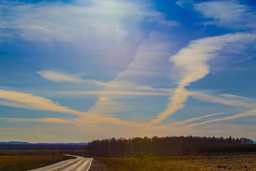 blue sky with light cirrus over an empty road stretching into the distance behind a bare forest