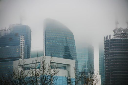 skyscrapers complex of Moscow - City in the fog in winter