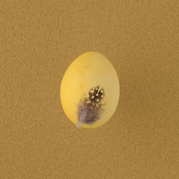 Yellow painted egg with feather on yellow background.