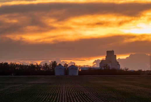 Bright colorful sunset in Saskatchewan Canada Grain Elevator