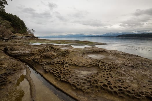 Nature landscape view on a rocky shore during a cloudy winter day. Picture taken in Hornby Island, British Columbia, Canada.