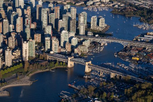 Burrard Bridge, Granville Island and False Creek. Taken in Downtown Vancouver from an aerial perspective.