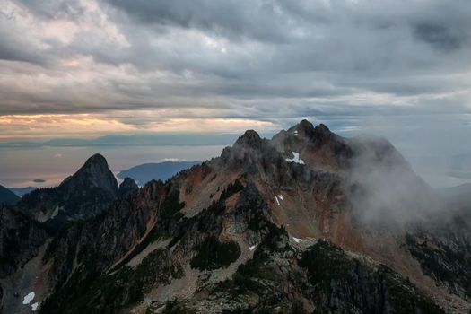 Aerial landscape view of Brunswick Mountain with Howe Sound in the background. Picture taken North of Vancouver, British Columbia, Canada.