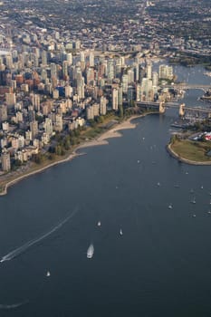 Aerial view on the buildings in Downtown Vancouver, British Columbia, Canada, during a sunny evening.