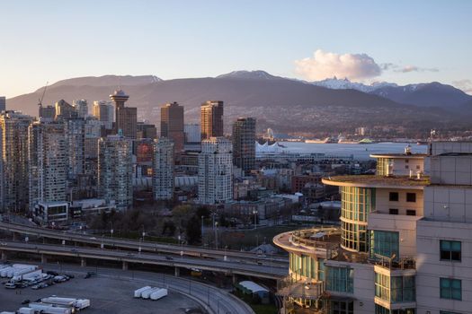 Aerial view of Downtown Vancouver City, BC, Canada, during sunset.