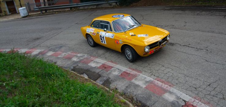 PESARO COLLE SAN BARTOLO , ITALY - OTT 10 - 2021 : ALFA ROMEO JUNIOR SCALINO on an old racing car in rally