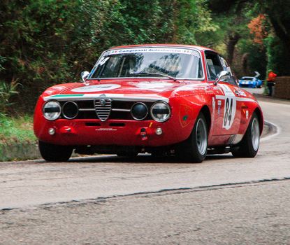 PESARO COLLE SAN BARTOLO , ITALY - OTT 10 - 2021 : ALFA ROMEO JUNIOR SCALINO on an old racing car in rally