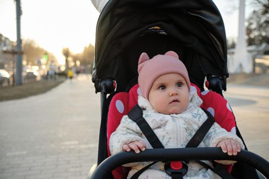 Baby in stroller on a walk in summer park. Adorable little boy in checkered shirt sitting in blue pushchair.Child in buggy