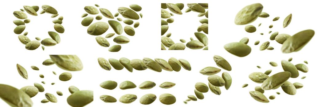 A set of photos. Green lentils levitate on a white background.