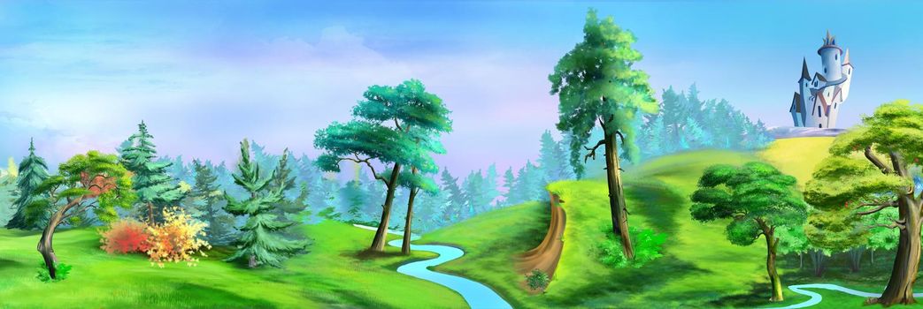 Natural parkland with a river near a big city. Digital Painting Background, Illustration.
