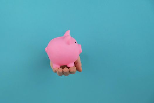 A female hand sticking out of a hole from a blue background holds a pink piggy bank