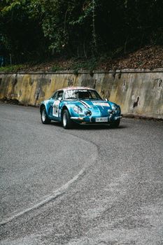 PESARO , ITALY - OTT 10 - 2021 : vintage CAR RENAULT ALPINE  IN RACE IN PESARO SAN BARTOLO