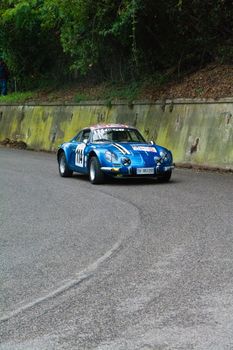 PESARO , ITALY - OTT 10 - 2021 : vintage CAR RENAULT ALPINE  IN RACE IN PESARO SAN BARTOLO