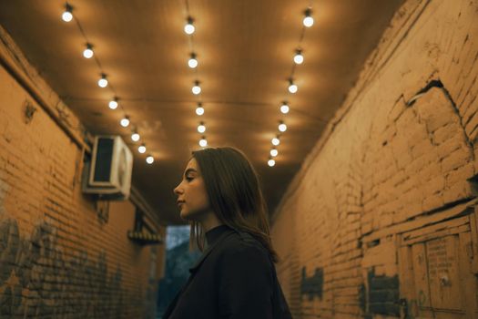 portrait of a woman in a lantern-lit alley late in the evening