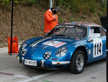 PESARO , ITALY - OTT 10 - 2021 : vintage renault alpine  IN RACE IN PESARO SAN BARTOLO