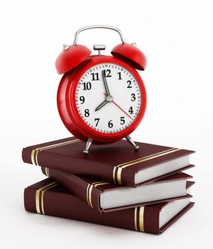 Red alarm clock standing on book stack isolated on white background.