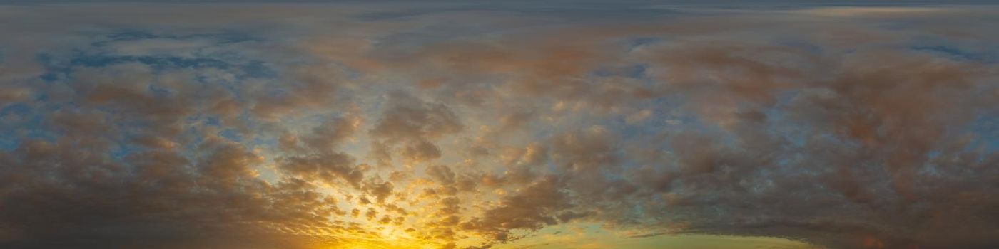 Dark blue sunset sky panorama with pink Cumulus clouds. Seamless hdr 360 pano in spherical equirectangular format. Full zenith for 3D visualization, game, sky replacement for aerial drone panoramas