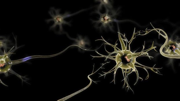 Neuronal and Synapse Activity illustration. Neurons in the head, neuroactivity, synapses, neurotransmitters, brain, axons. Electrical impulses inside the human brain. 3D illustration