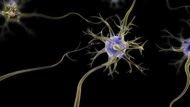 Neuronal and Synapse Activity illustration. Neurons in the head, neuroactivity, synapses, neurotransmitters, brain, axons. Electrical impulses inside the human brain. 3D illustration