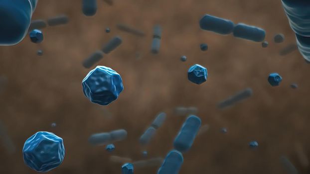 Bacteria Lactobacillus in human intestine, 3D illustration. Normal flora of small intestine, lactic acid bacteria. Probiotic bacterium