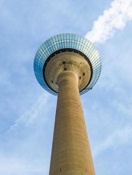 Duesseldorf Rheinturm telecommunications tower over blue sky HDR