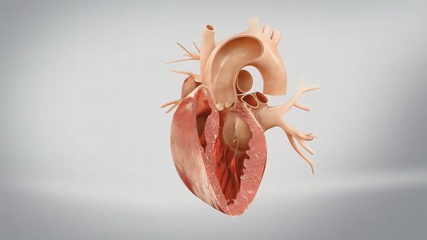 Human heart 3d illustration, Blood flow through the heart Human heart anatomy pumping blood through the cardiovascular system.