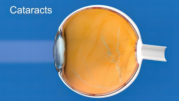 Cataract, clouding of the lens of the eye that causes decreased vision. 3D Medical illustration