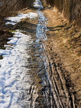 Abandoned village path in the spring after the rain.