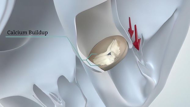 The aortic valve is a valve in the human heart between the left ventricle and the aorta. It is one of the two semilunar valves of the heart, the other being the pulmonary valve. 3D Render